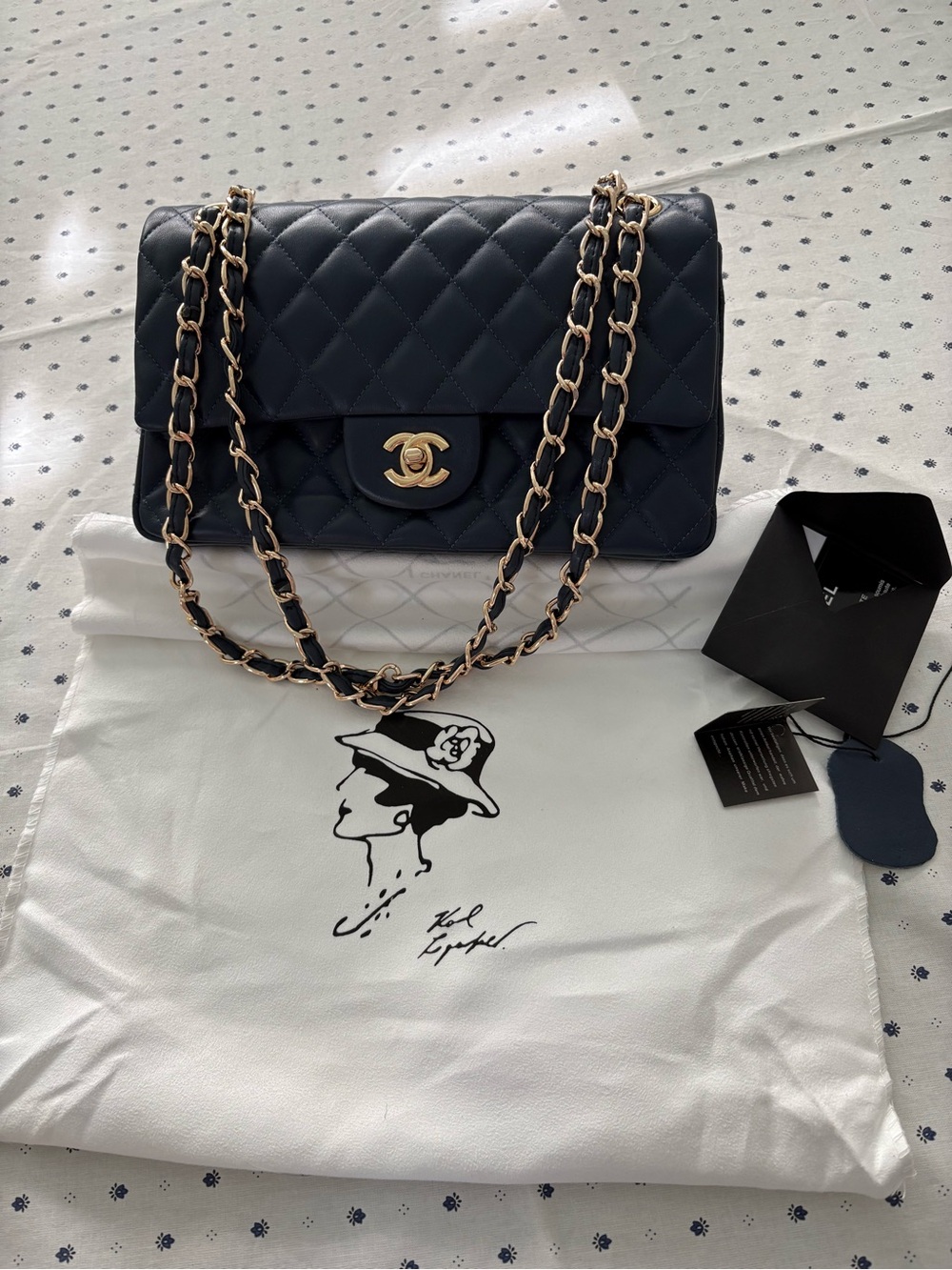 Source Unknown Quilted Shoulder Bag in Navy with Gold Hardware